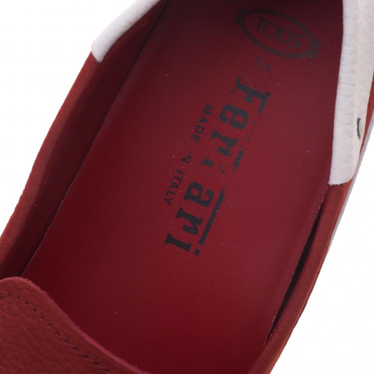 Pre Owned Tod's For Ferrari Red and White Leather Bow Loafers Size 42.5