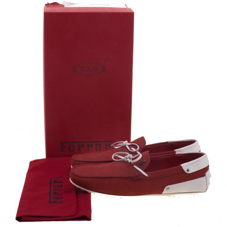 Pre Owned Tod's For Ferrari Red and White Leather Bow Loafers Size 42.5