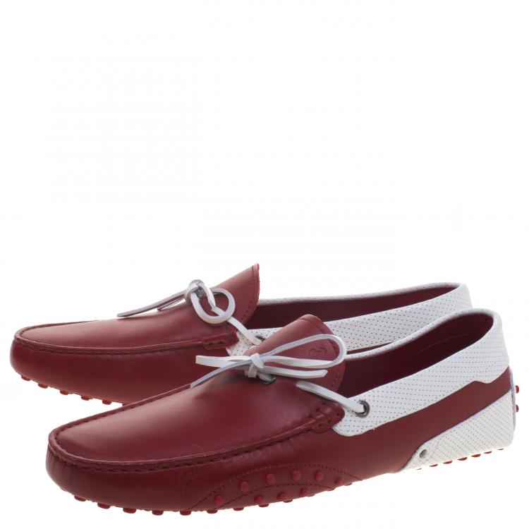 مملوكة مسبقًا Tod's For Ferrari White and Red Leather Bow Loafers Size 44.5