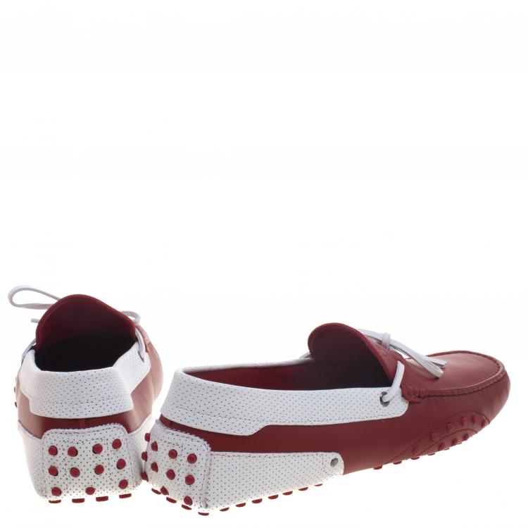 مملوكة مسبقًا Tod's For Ferrari White and Red Leather Bow Loafers Size 44.5