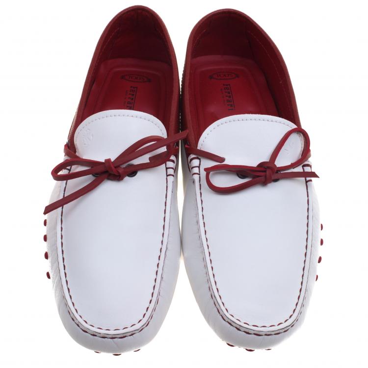 Pre Owned Tod's For Ferrari White and Red Leather Bow Loafers Size 43