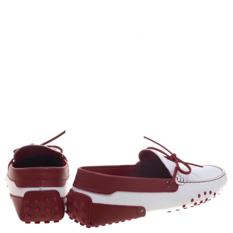 Pre Owned Tod's For Ferrari White and Red Leather Bow Loafers Size 43