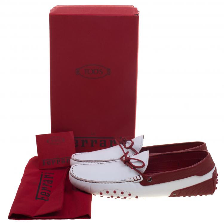 Pre Owned Tod's For Ferrari White and Red Leather Bow Loafers Size 43
