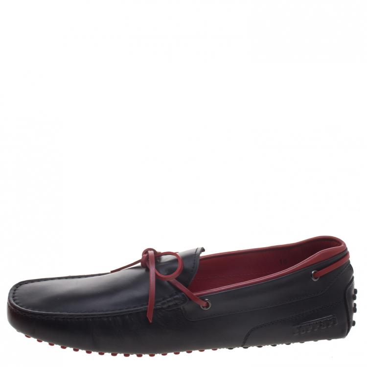 Pre Owned Tod's For Ferrari Black and Red Leather Bow Loafers Size 44.5