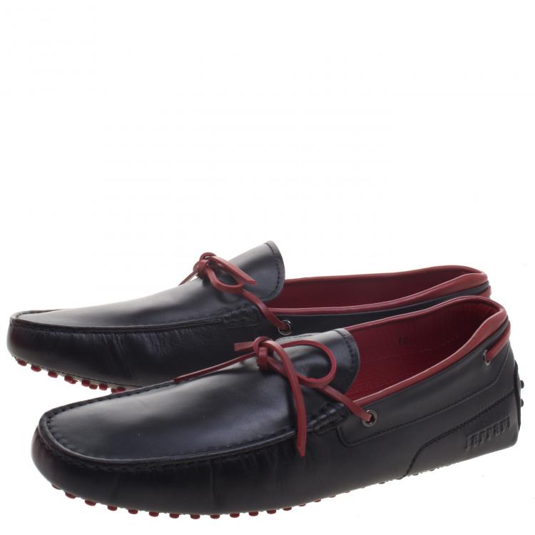 Pre Owned Tod's For Ferrari Black and Red Leather Bow Loafers Size 44.5