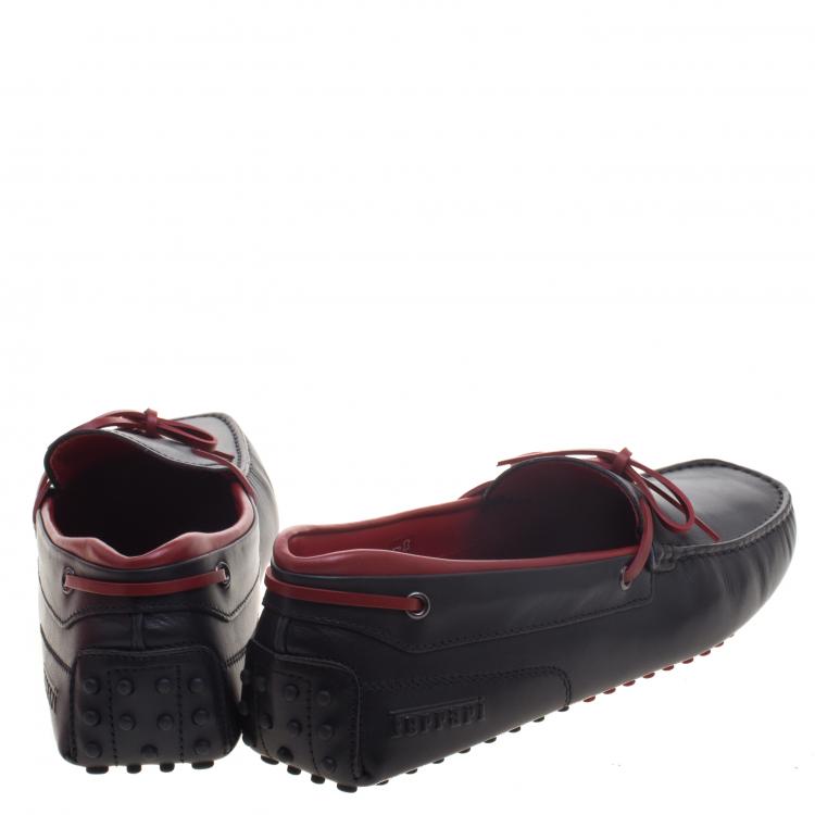 Pre Owned Tod's For Ferrari Black and Red Leather Bow Loafers Size 44.5