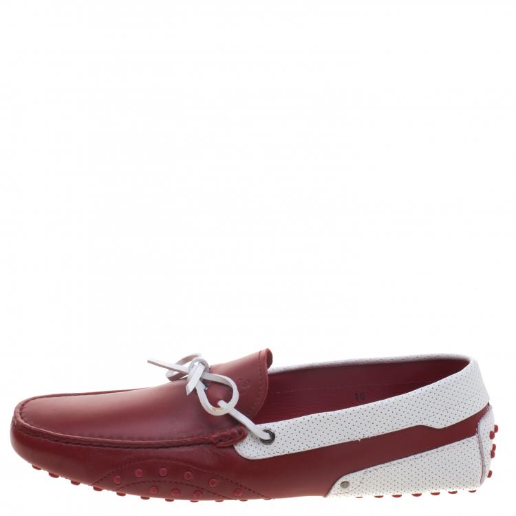 Pre Owned Tod's For Ferrari Red and White Leather Bow Loafers Size 44.5