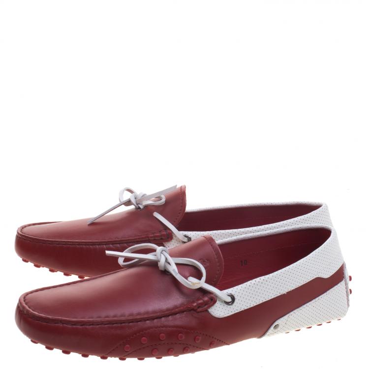 Pre Owned Tod's For Ferrari Red and White Leather Bow Loafers Size 44.5