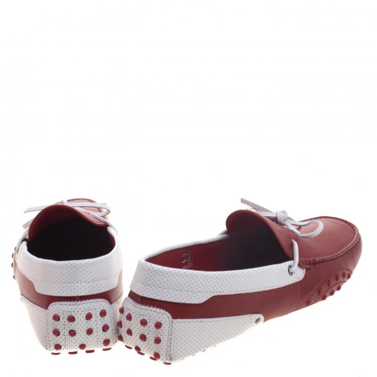 Pre Owned Tod's For Ferrari Red and White Leather Bow Loafers Size 44.5