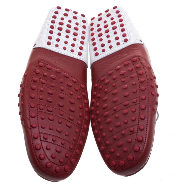 Pre Owned Tod's For Ferrari Red and White Leather Bow Loafers Size 44.5