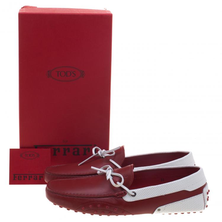 Pre Owned Tod's For Ferrari Red and White Leather Bow Loafers Size 44.5