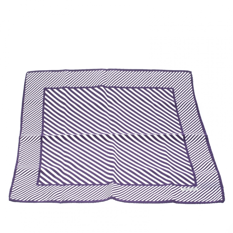 Pre Owned Tom Ford Purple and White Diagonal Striped Silk Pocket Square