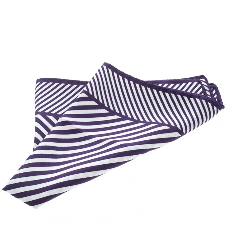 Pre Owned Tom Ford Purple and White Diagonal Striped Silk Pocket Square