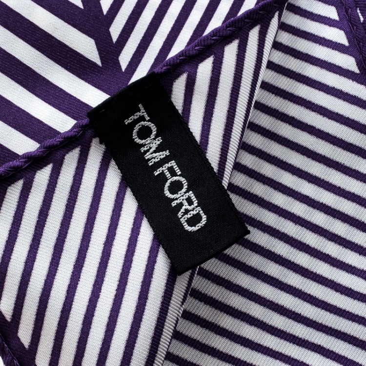 Pre Owned Tom Ford Purple and White Diagonal Striped Silk Pocket Square