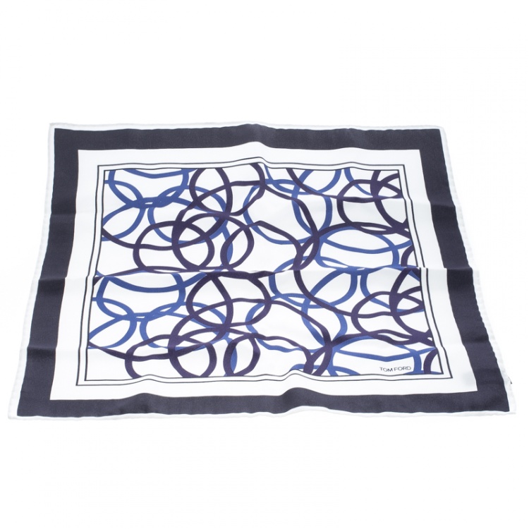 Pre Owned Tom Ford White and Blue Circular Geometric Print Pocket Square 