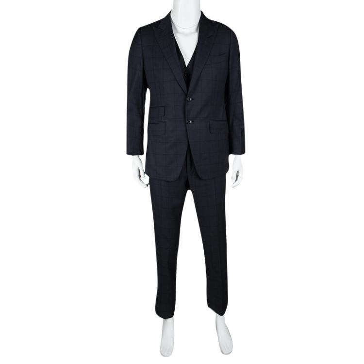 Pre Owned Tom Ford Navy Blue Checked Wool Three Piece Tailored Suit L