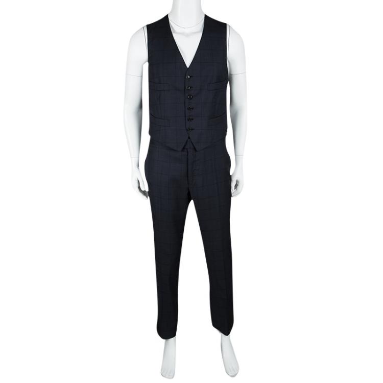 Pre Owned Tom Ford Navy Blue Checked Wool Three Piece Tailored Suit L