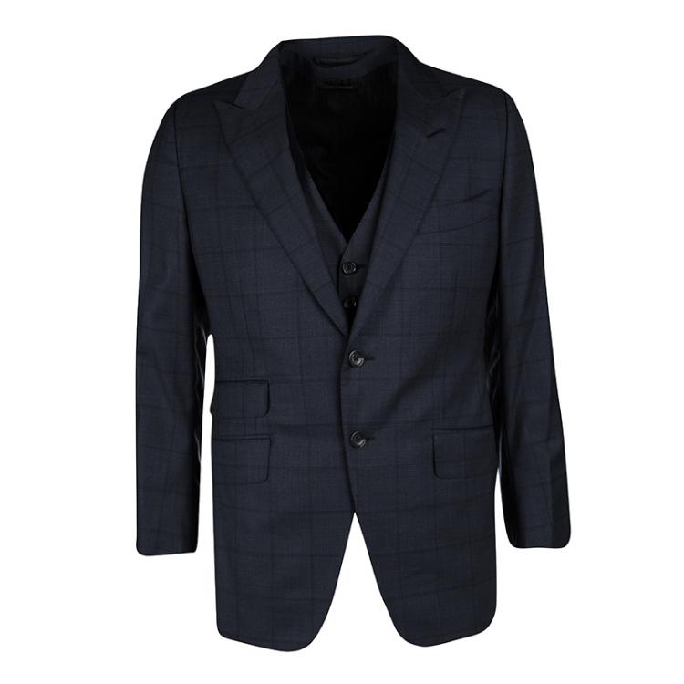 Pre Owned Tom Ford Navy Blue Checked Wool Three Piece Tailored Suit L