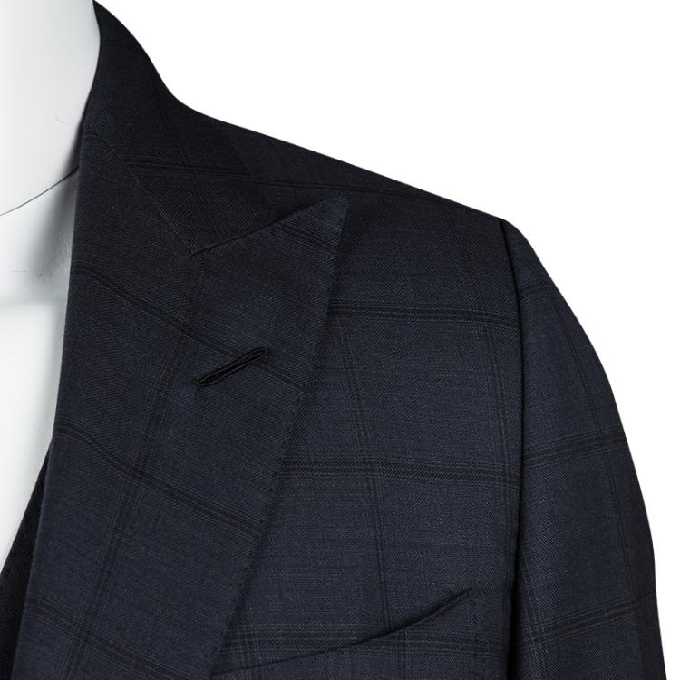 Pre Owned Tom Ford Navy Blue Checked Wool Three Piece Tailored Suit L