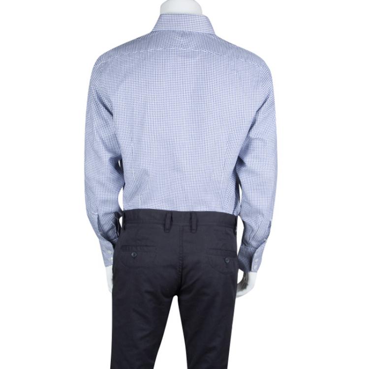 Pre Owned Tom Ford Blue and White Cotton Houndstooth Pattern Long Sleeve Shirt XL