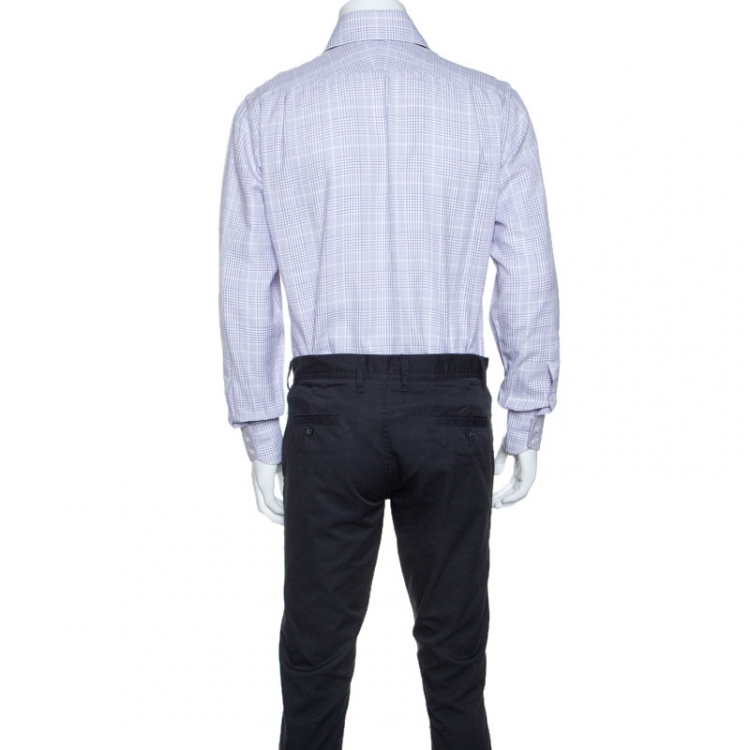 Pre Owned Tom Ford White & Lavender Checked Cotton Button Front Shirt M