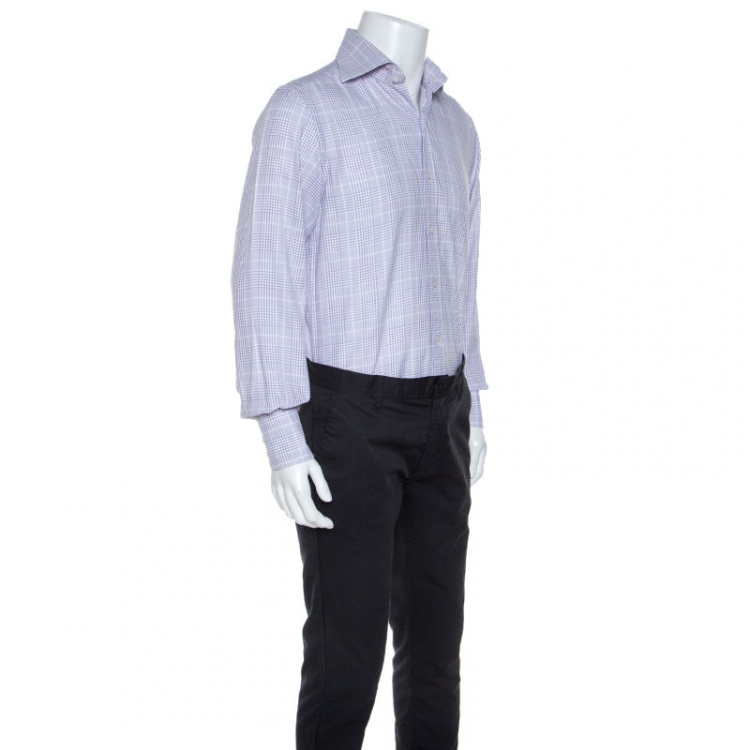 Pre Owned Tom Ford White & Lavender Checked Cotton Button Front Shirt M
