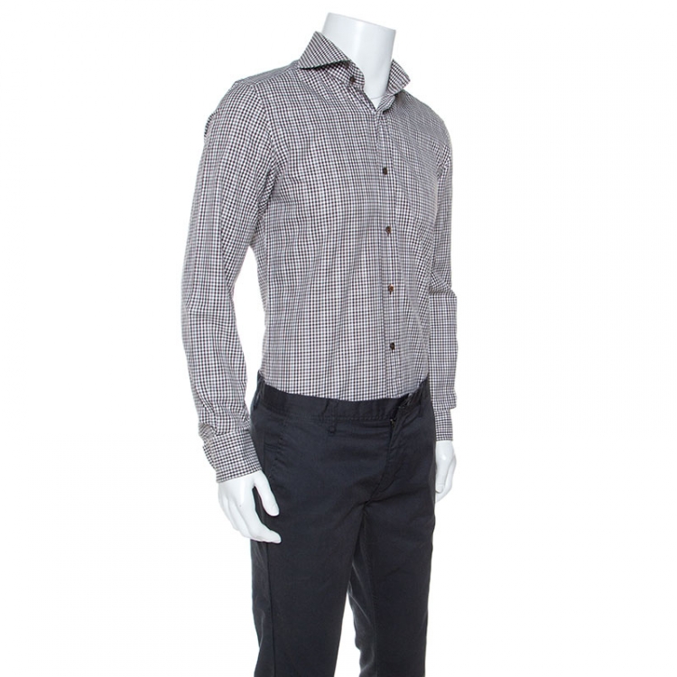 Pre Owned Tom Ford Brown & White Gingham Check Cotton Button Front Shirt M