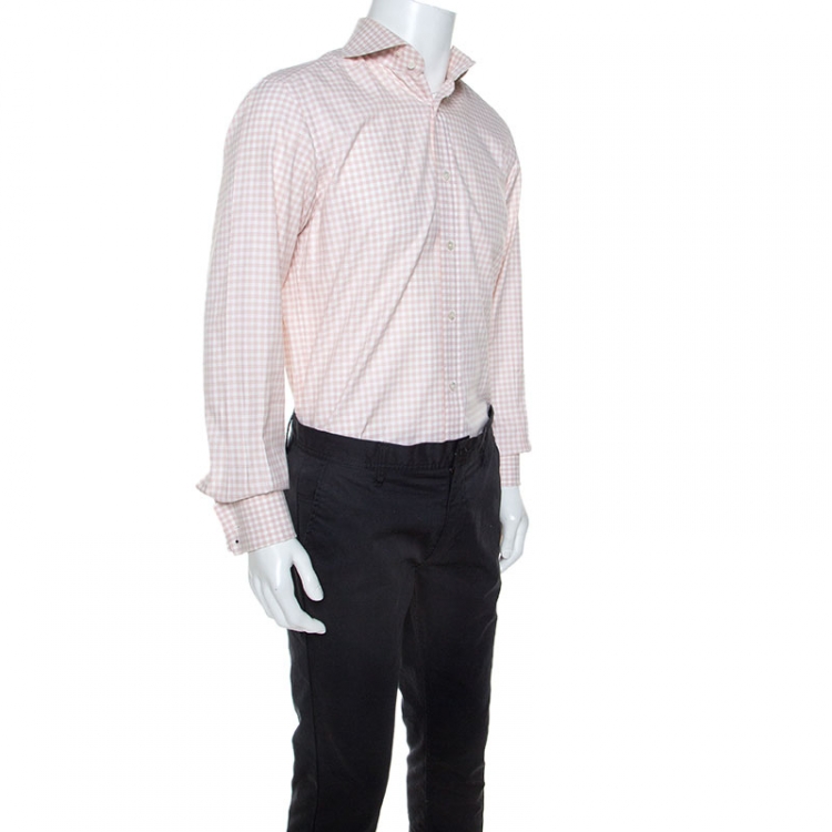 Pre Owned Tom Ford Pale Pink Gingham Check Textured Cotton Button Front Shirt M