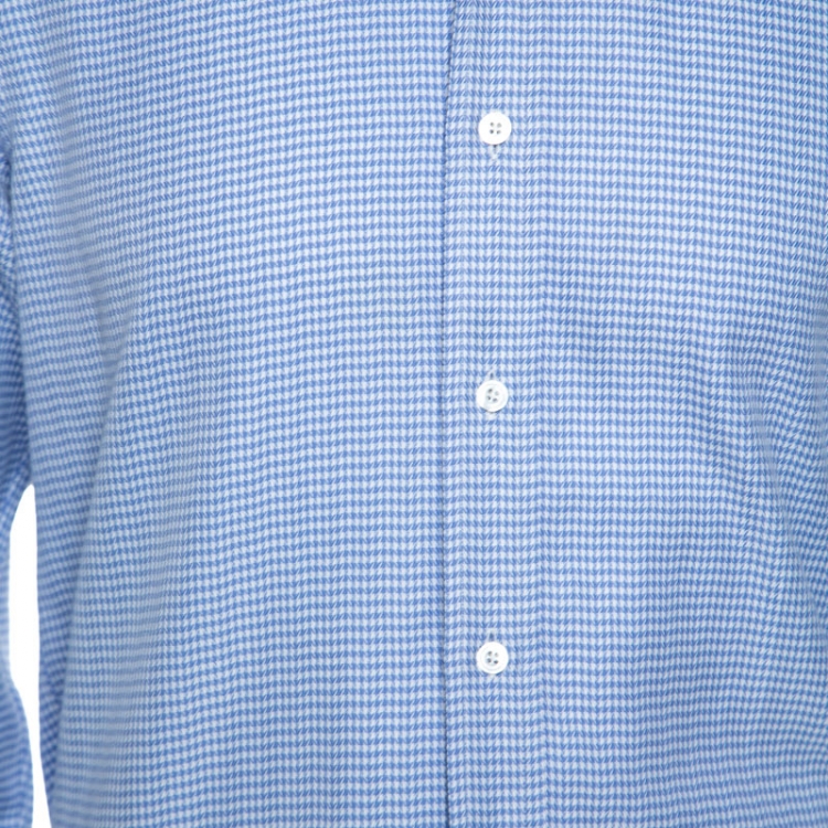 Pre Owned Tom Ford Blue Textured Houndstooth Checked Cotton Button Front Shirt M