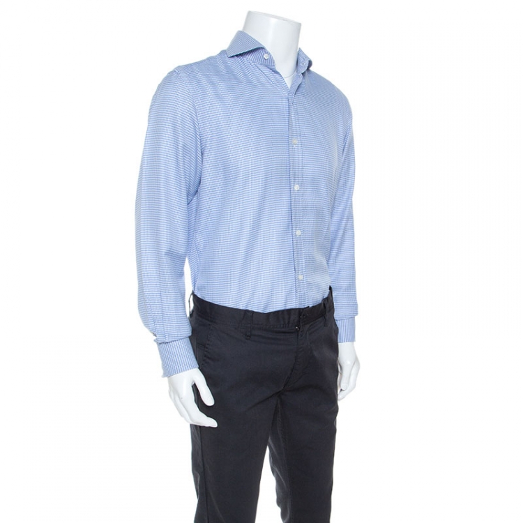 Pre Owned Tom Ford Blue Textured Houndstooth Checked Cotton Button Front Shirt M
