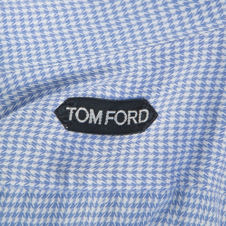 Pre Owned Tom Ford Blue Textured Houndstooth Checked Cotton Button Front Shirt M