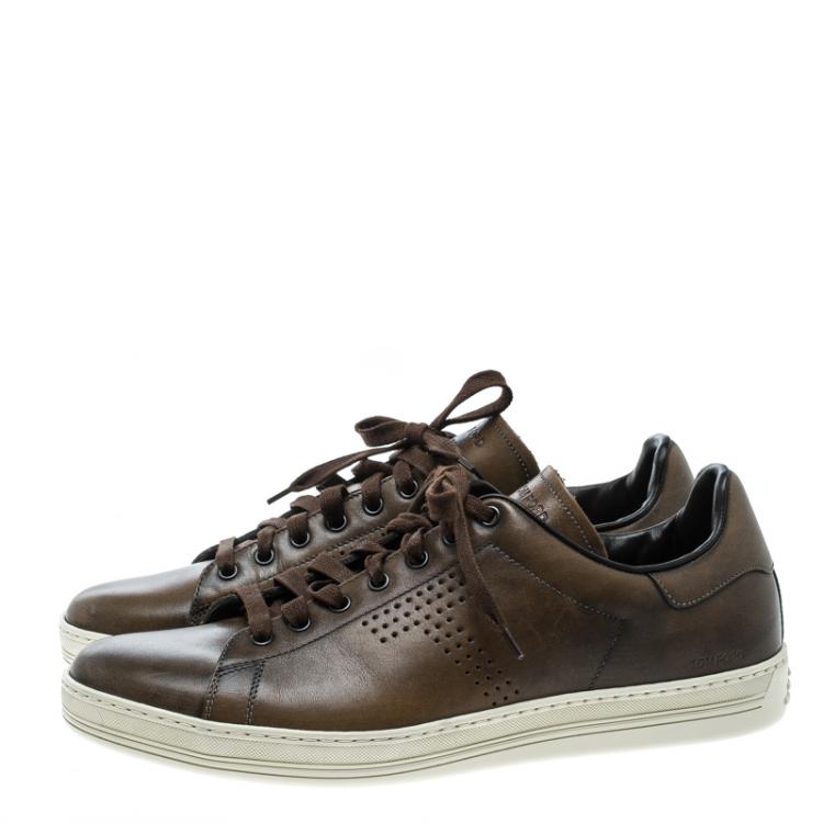 Pre Owned Tom Ford Brown Perforated Burnished Leather Warwick Low Top Sneakers Size 43