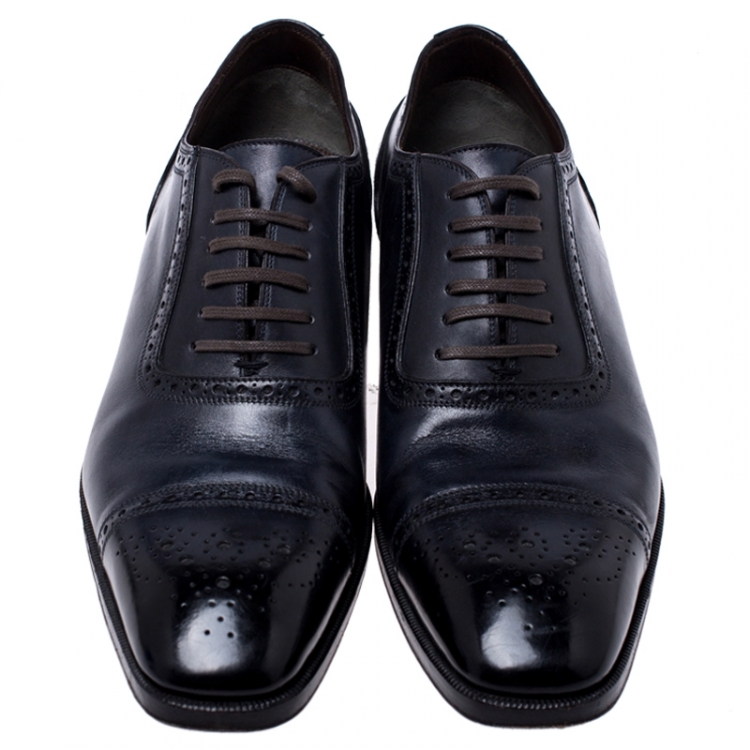 Pre Owned Tom Ford Black/Blue Brogue Leather Lace Up Oxfords Size 44