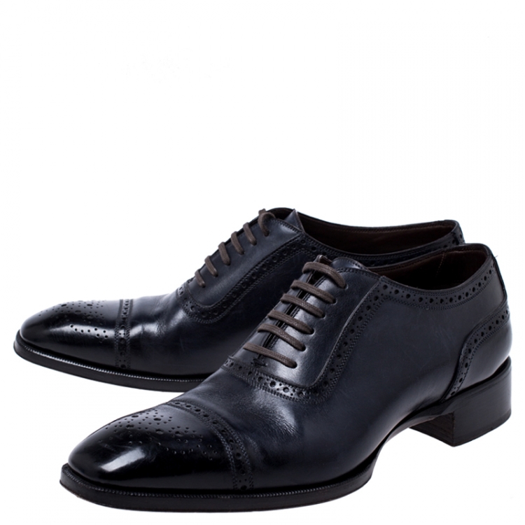 Pre Owned Tom Ford Black/Blue Brogue Leather Lace Up Oxfords Size 44