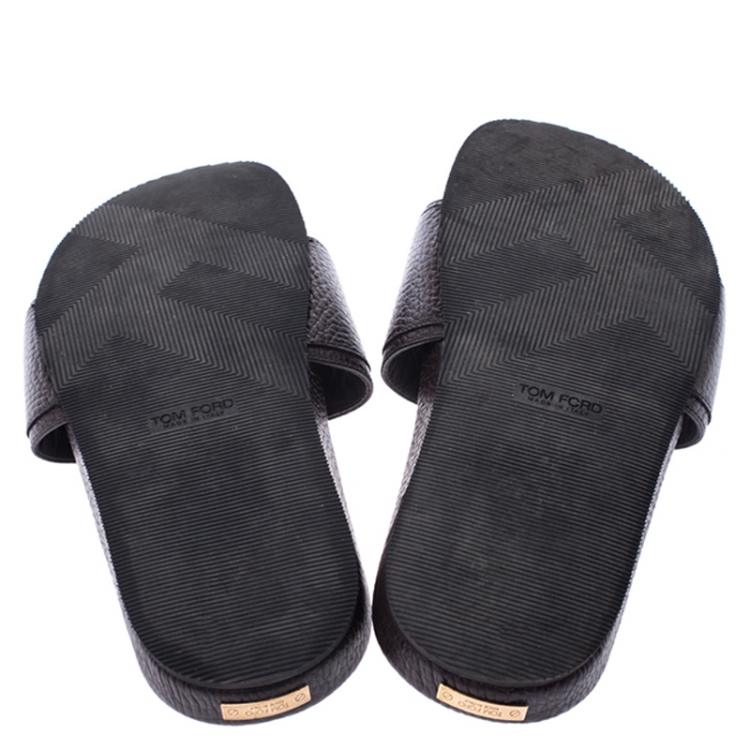 Pre Owned Tom Ford Brown Textured Leather Churchill Chain Slides Size 41