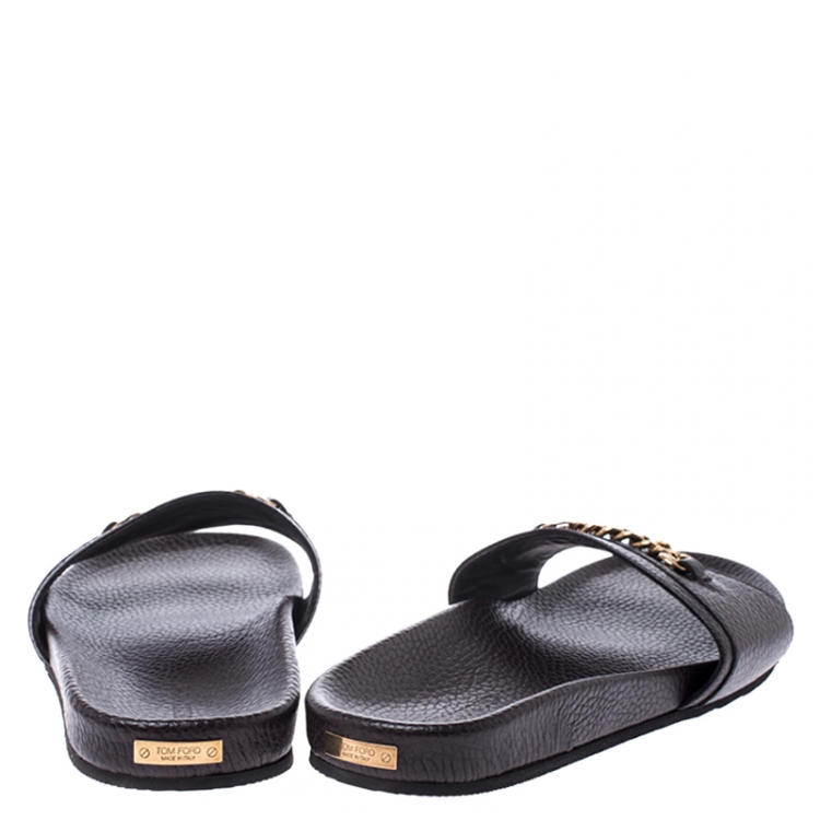 Pre Owned Tom Ford Brown Textured Leather Churchill Chain Slides Size 41