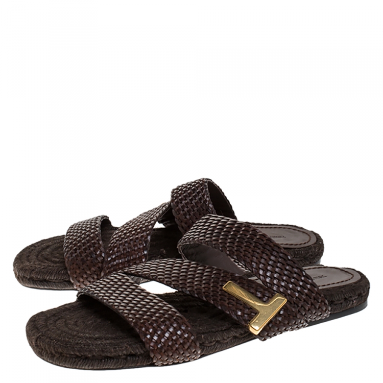 Pre Owned Tom Ford Brown Braided Leather Grafton Slide Espadrille Sandals Size 42