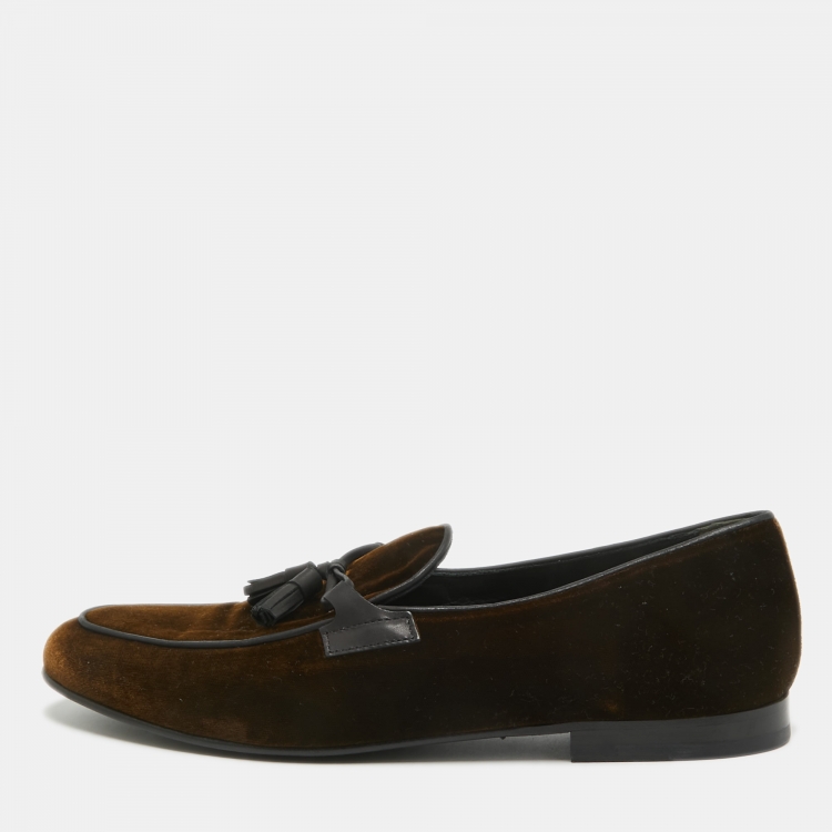 Pre Owned Tom Ford Brown/Black Velvet and Leather Tassel Detail Slip On Loafers Size 42.5