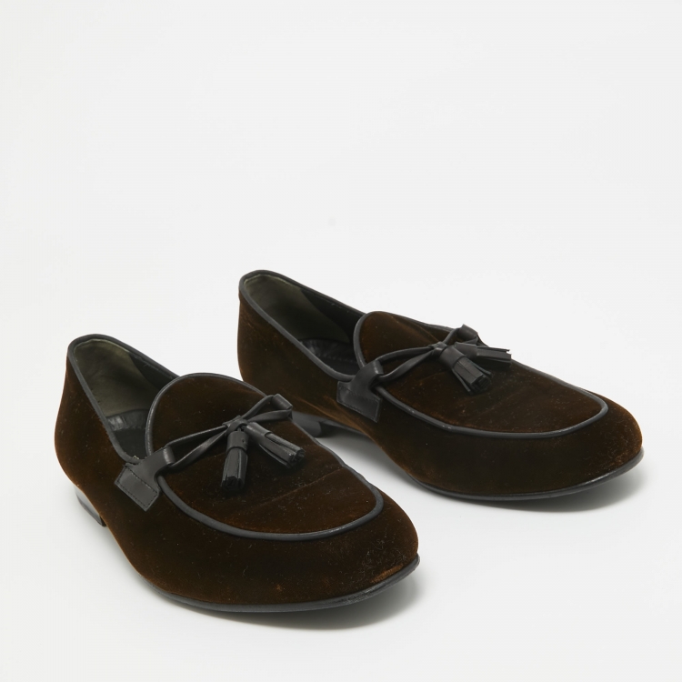 Pre Owned Tom Ford Brown/Black Velvet and Leather Tassel Detail Slip On Loafers Size 42.5