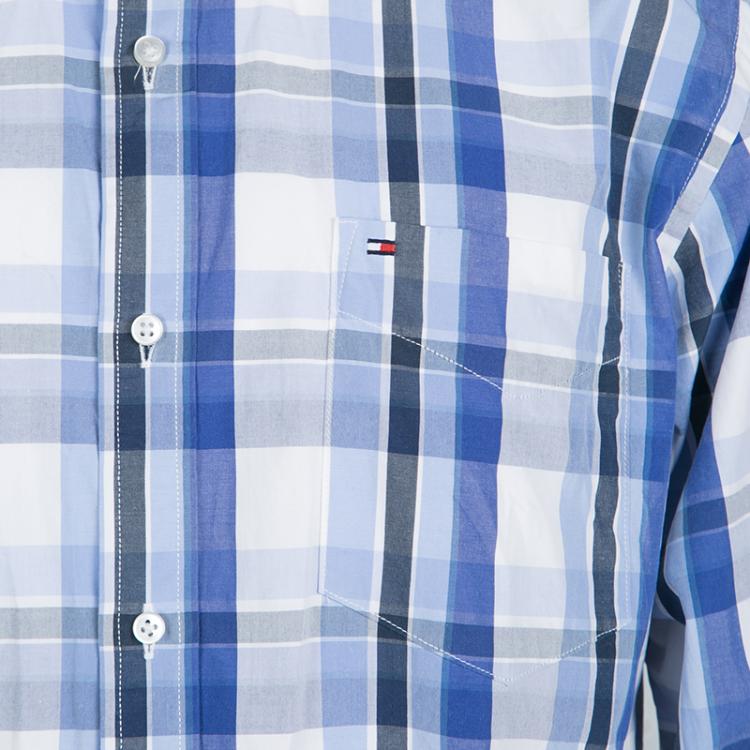 Pre Owned Tommy Hilfiger Blue Checked Cotton Long Sleeve Button Front Custom Fit Shirt L