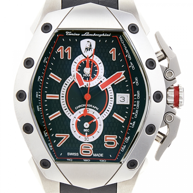Pre Owned Tonino Lamborghini Black Stainless Steel Leather GT302SP Men's Wristwatch 42 mm 