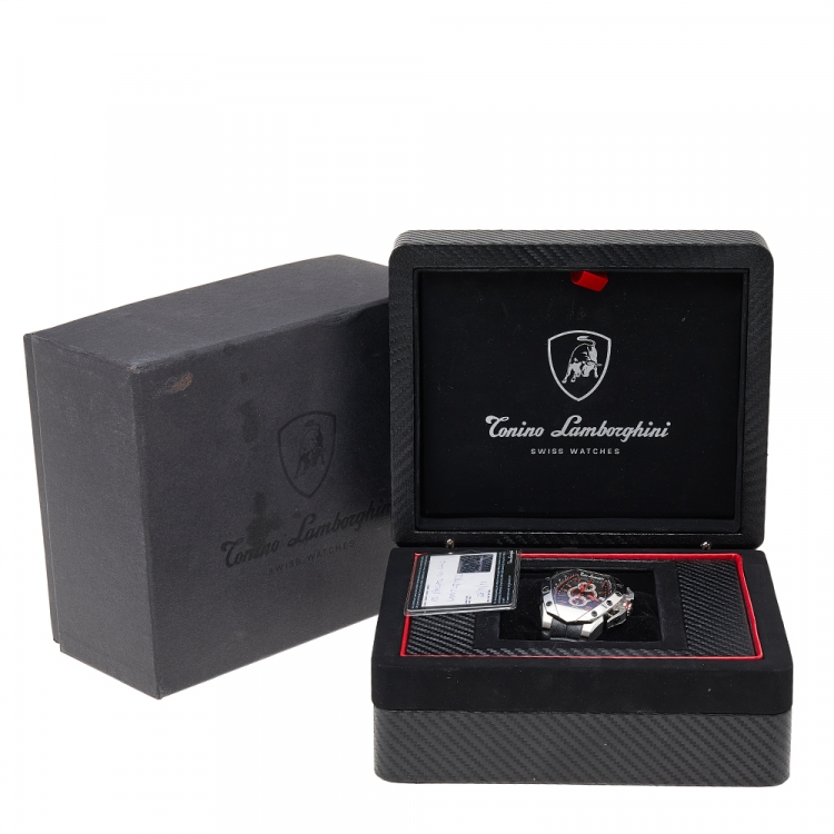 Pre Owned Tonino Lamborghini Black Stainless Steel Leather GT302SP Men's Wristwatch 42 mm 