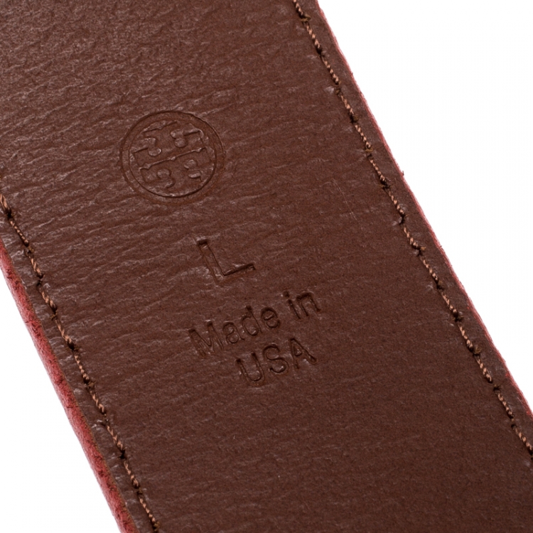 Pre Owned Tory Burch Orange Leather L Noe Reversible Logo Belt 115 CM