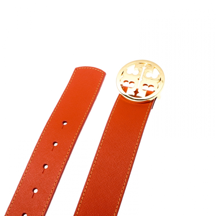 Pre Owned Tory Burch Orange Leather L Noe Reversible Logo Belt 115 CM