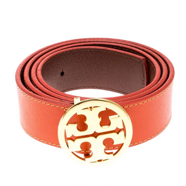 Pre Owned Tory Burch Orange Leather L Noe Reversible Logo Belt 115 CM