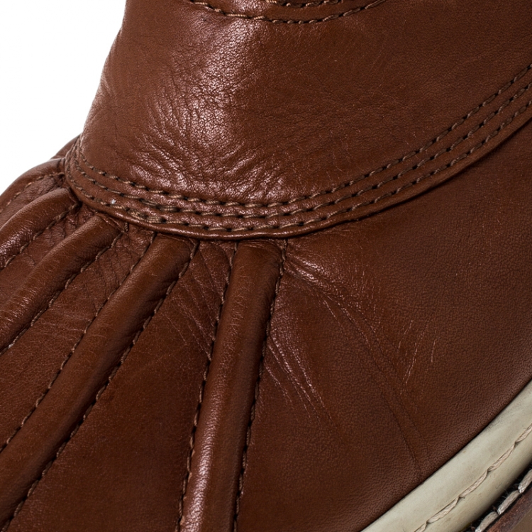 Pre Owned Tory Burch Brown Leather Shearling Lined High Top Boots Size 44