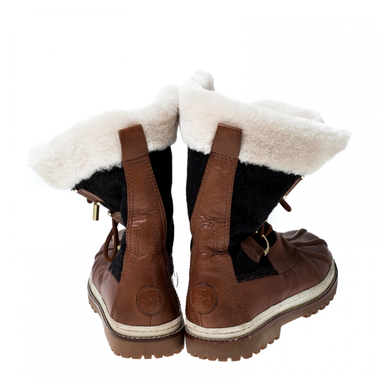 Pre Owned Tory Burch Brown Leather Shearling Lined High Top Boots Size 44