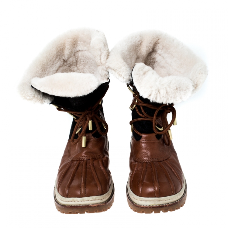 Pre Owned Tory Burch Brown Leather Shearling Lined High Top Boots Size 44