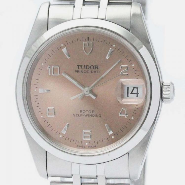 Pre Owned Tudor Pink Stainless Steel Prince Oysterdate 74000N Automatic Men's Wristwatch 34 mm