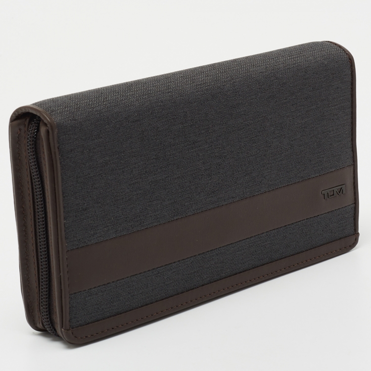 Pre Owned TUMI Grey/Brown Canvas and Leather Travel Zip Around Wallet 